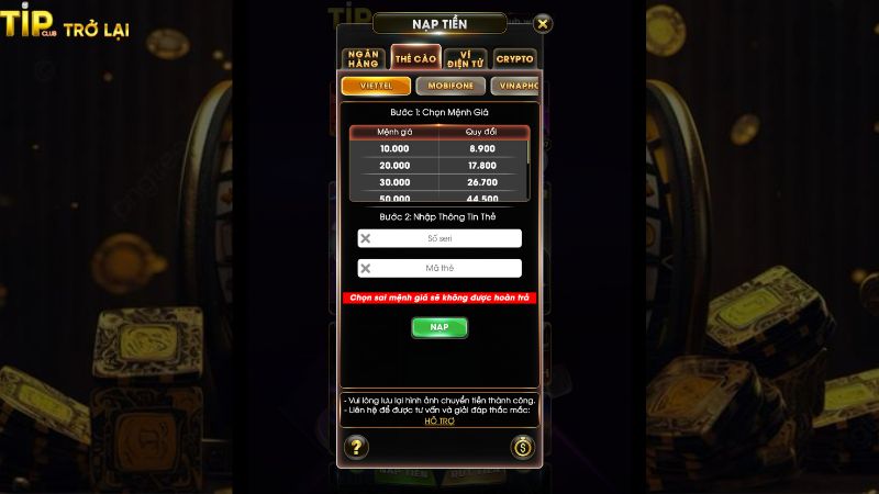 Nạp tiền bằng thẻ cào tại Tipclub