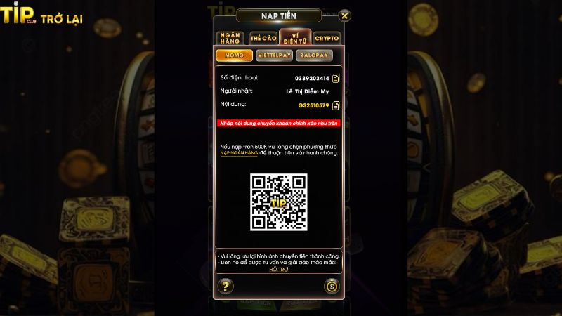Hướng dẫn nạp tiền Tipclub qua ví điện tử